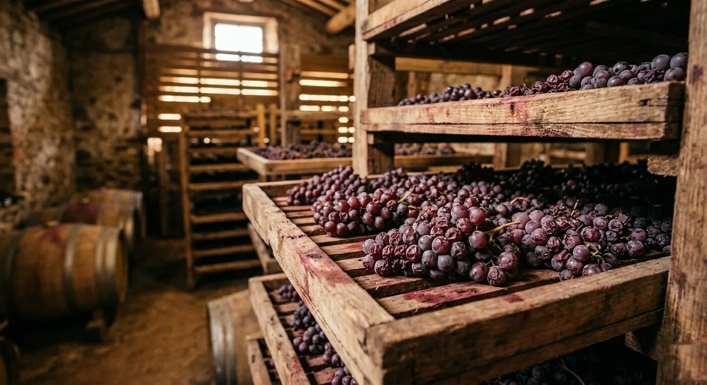 Close-up of Corvina grapes drying on wooden arele racks during appassimento in a Valpolicella fruttaio