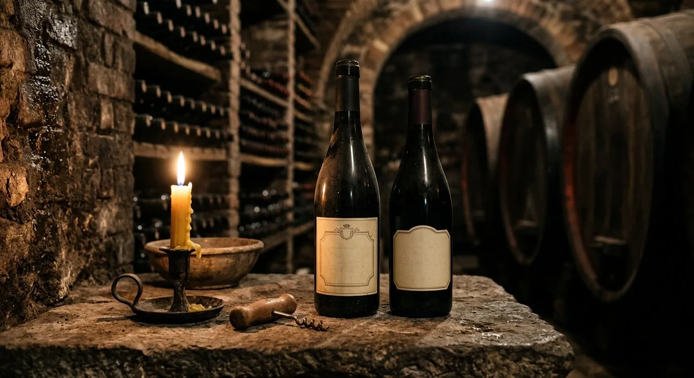 Two bottles of Valpolicella wine in a candlelit stone cellar — Amarone and Ripasso side by side