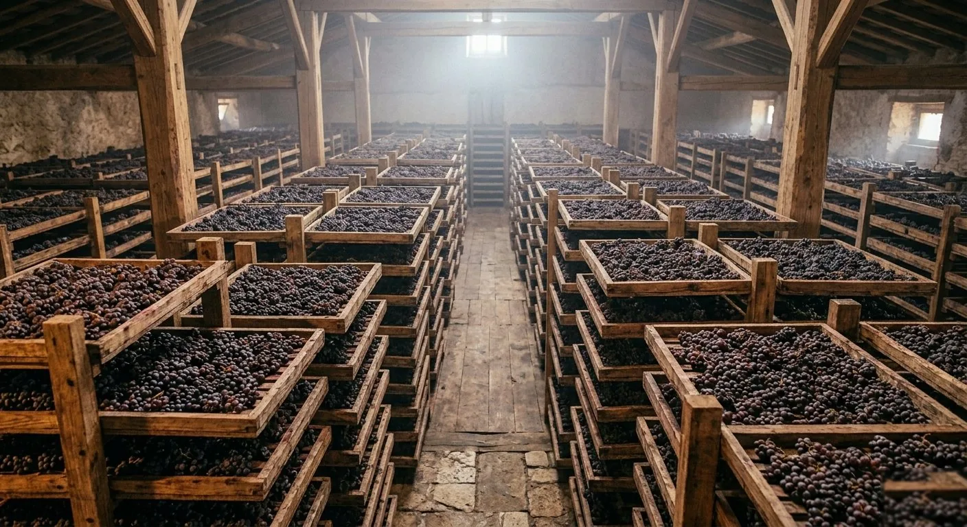Wide view of a Valpolicella fruttaio loft filled with rows of Corvina grapes drying on wooden racks