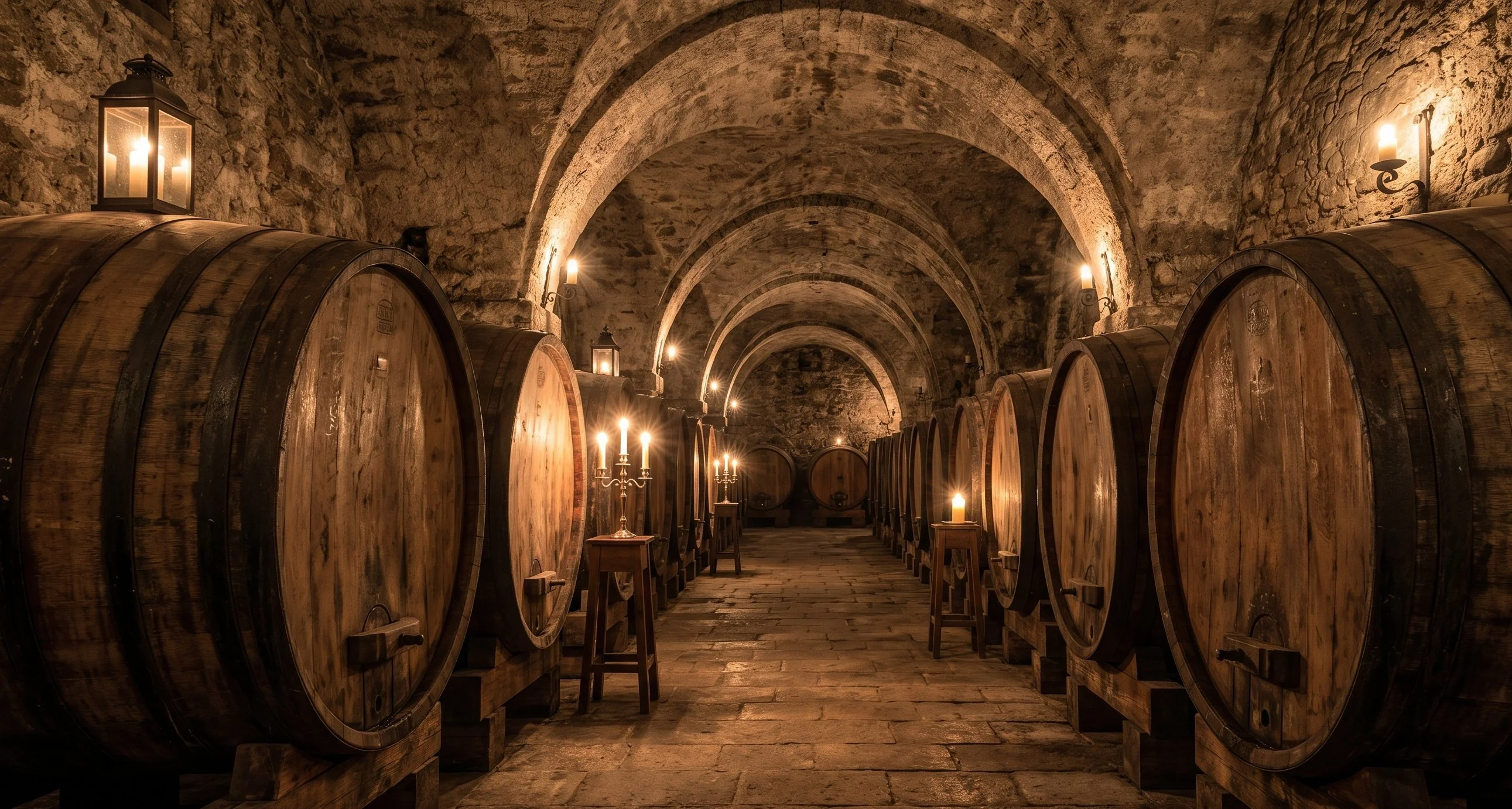 Historic Amarone cellar with Slavonian oak barrels and candlelight in Valpolicella