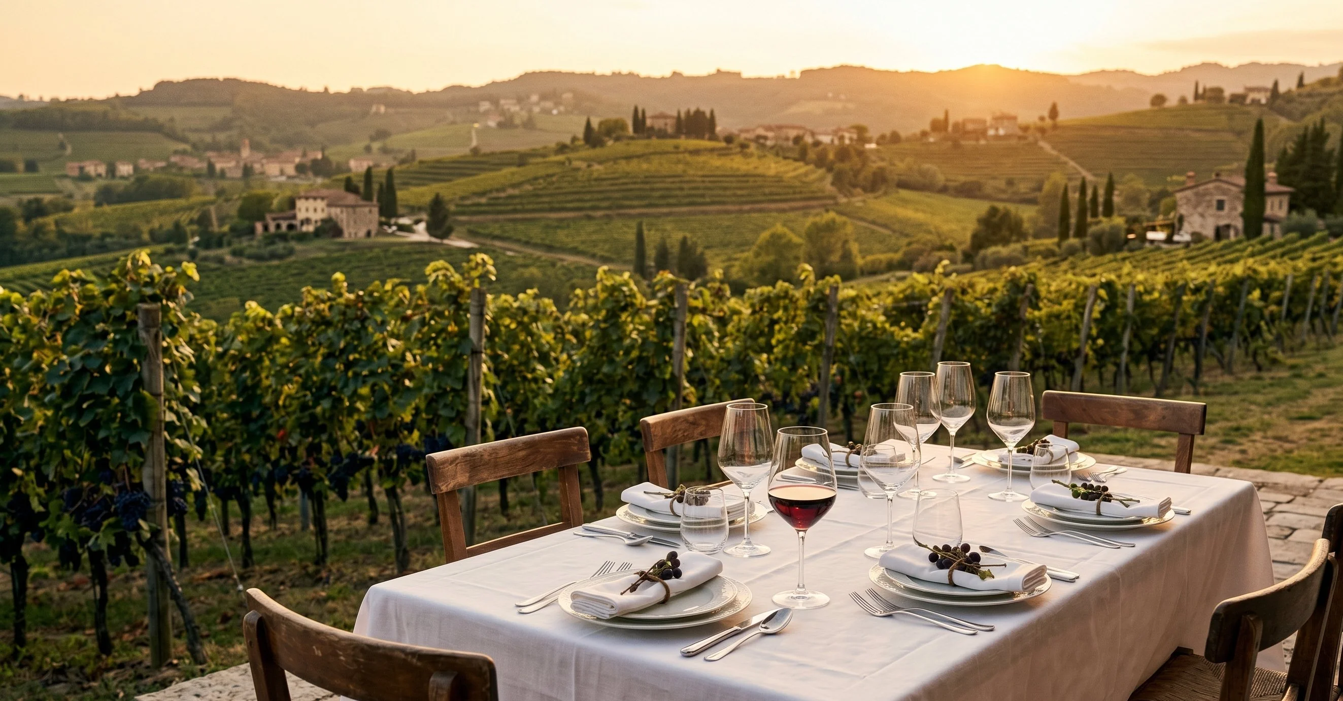 Outdoor table set for harvest dinner on Valpolicella hillside estate at golden sunset