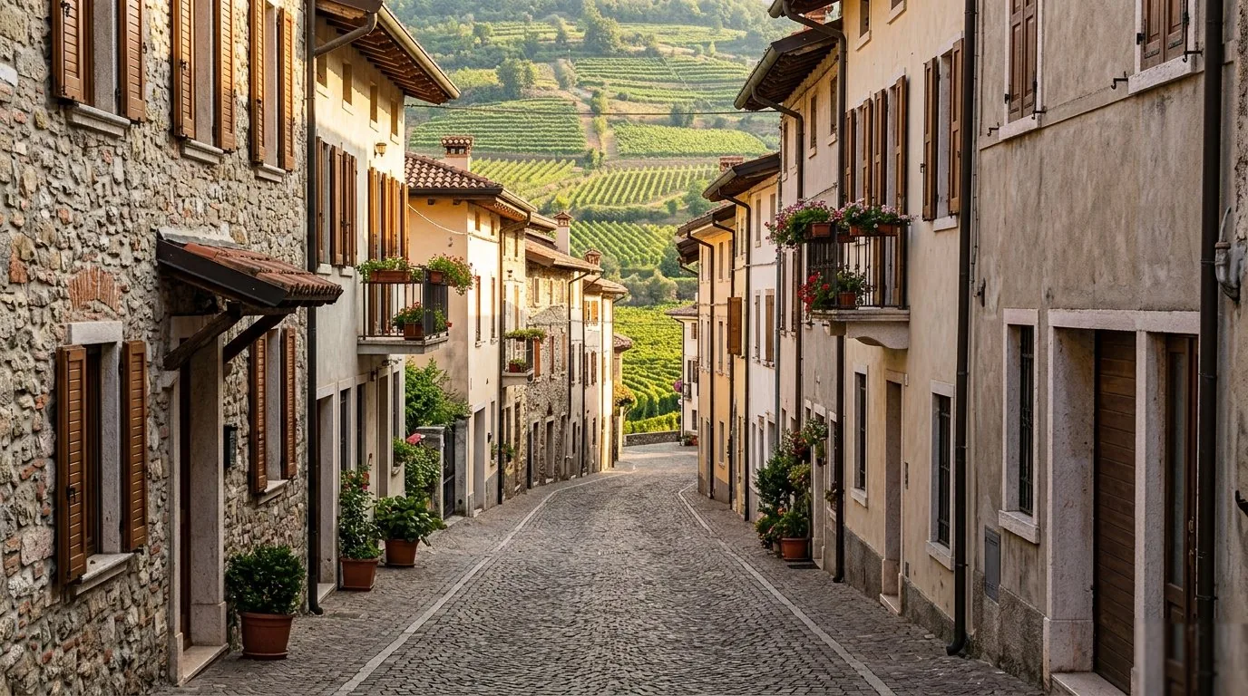 Cobblestone street in Fumane village, Valpolicella Classico zone, with vineyards visible on the hill behind