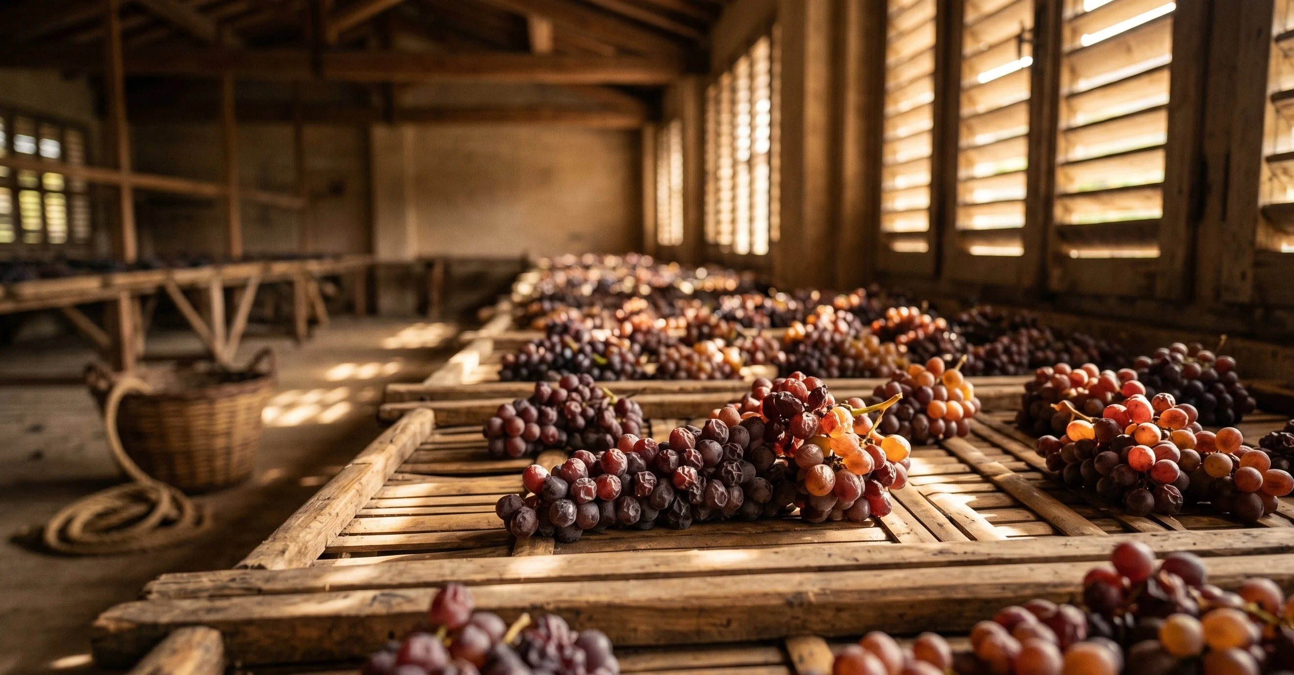 Thousands of Corvina grape clusters arranged on wooden arele racks during October appassimento
