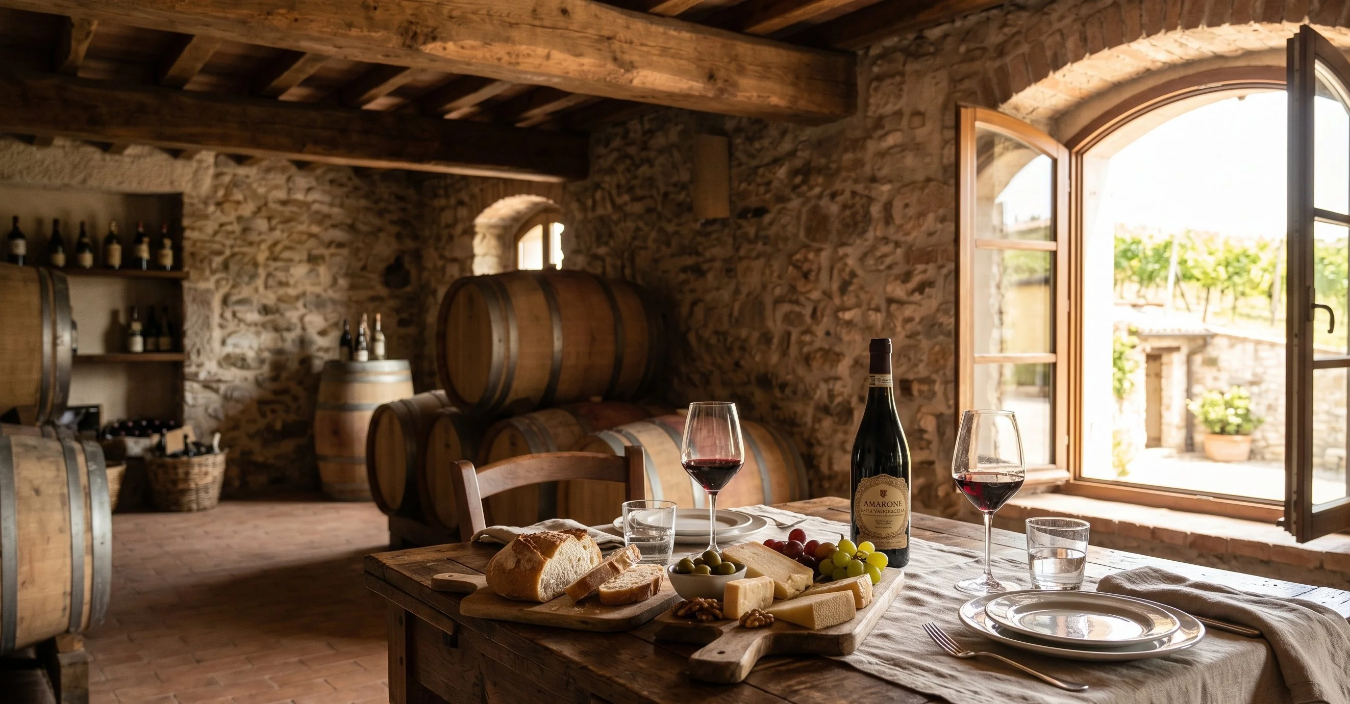 Rustic winemaker's private lunch at a family estate in Valpolicella with Amarone bottle