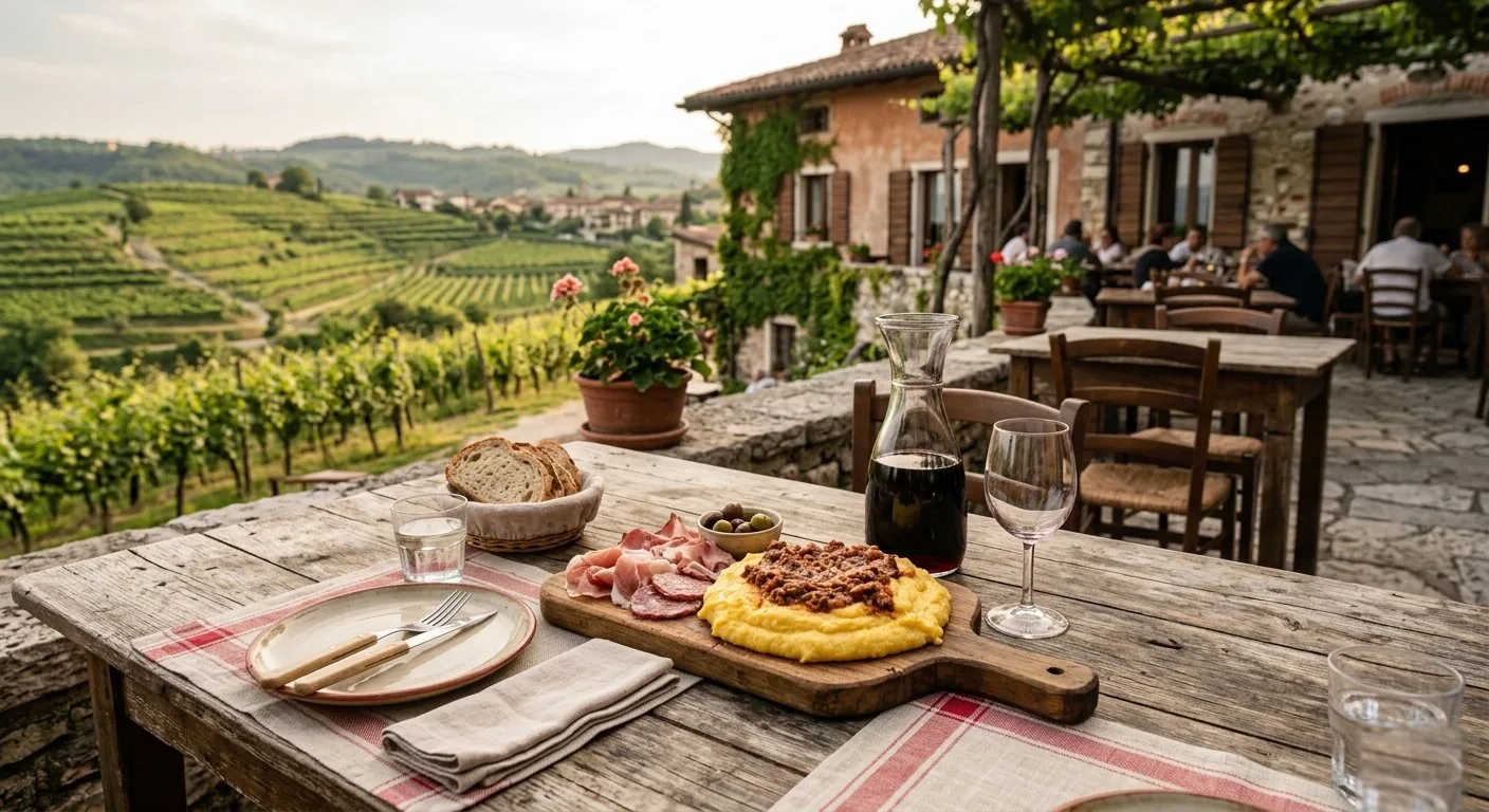 Rustic outdoor trattoria table with polenta, cured meats and red wine carafe overlooking Valpolicella vineyards