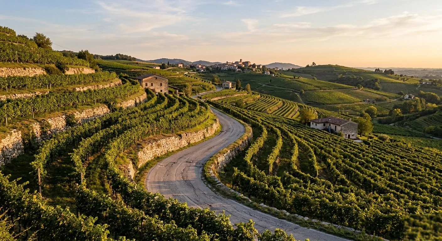Winding road through terraced Valpolicella Classico vineyards at golden hour with hilltop village in background