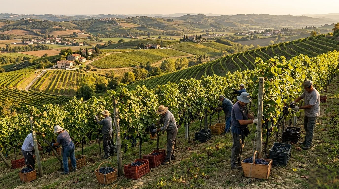 Workers harvesting Corvina grapes on a Valpolicella hillside in October at golden hour