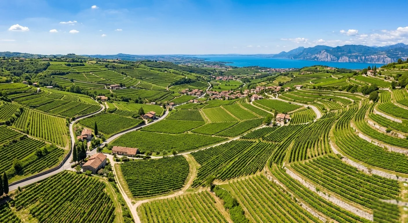 Aerial view of Valpolicella vineyards with Lake Garda visible in summer