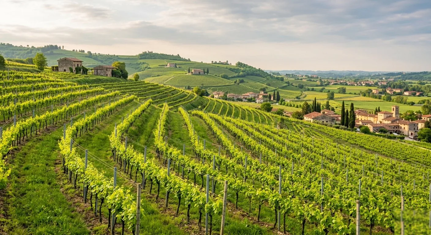Lush green Valpolicella vineyards in spring with village in background