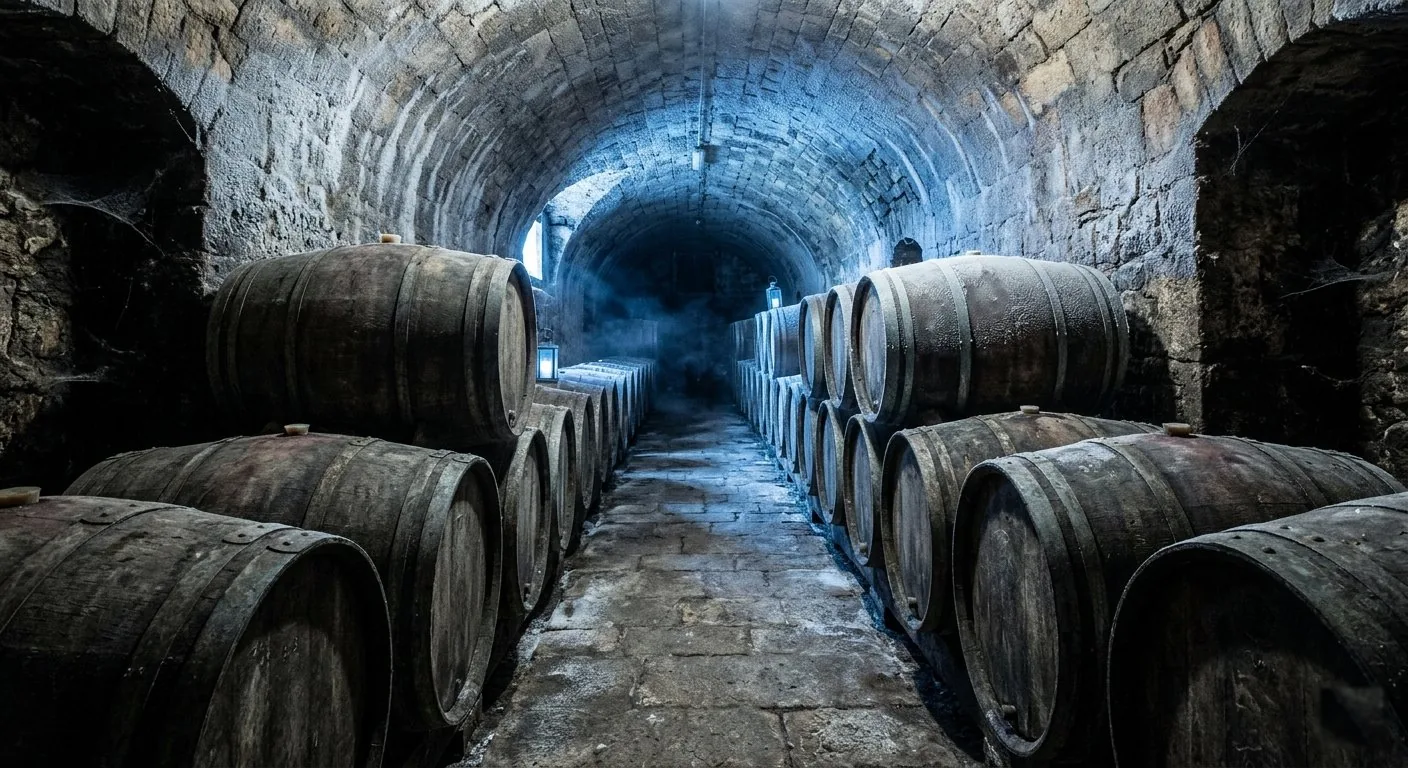 Stone wine cellar tunnel with oak barrels in Valpolicella during winter