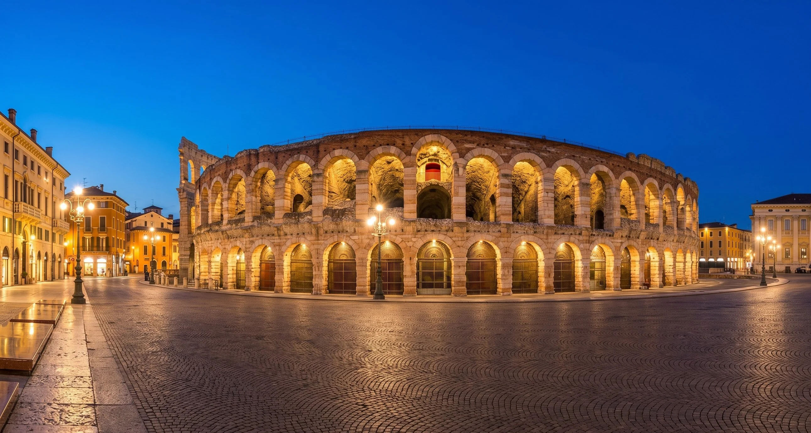 Arena di Verona Roman amphitheatre illuminated at night, Piazza Bra