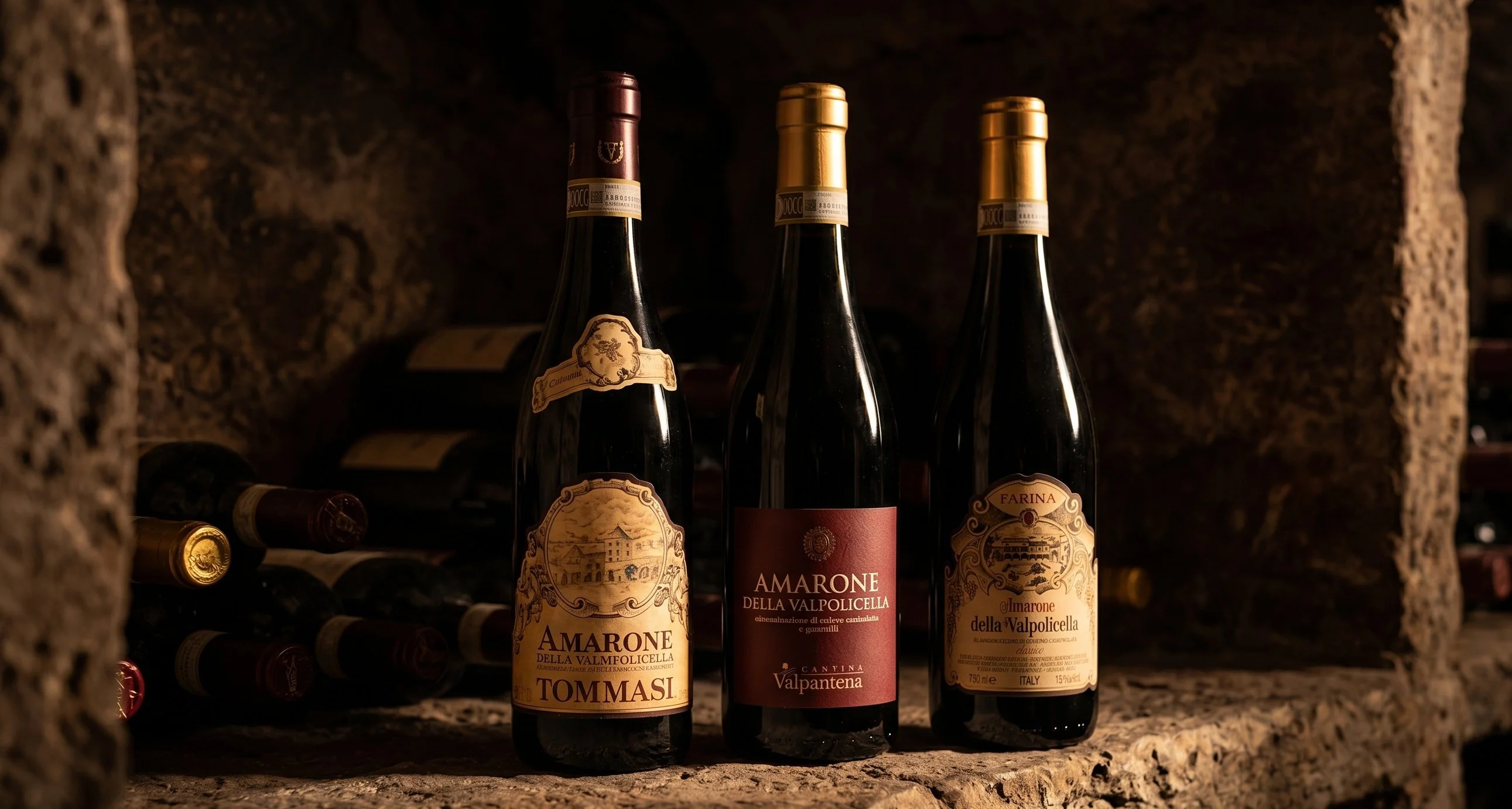 Three bottles of Amarone della Valpolicella DOCG in stone cellar